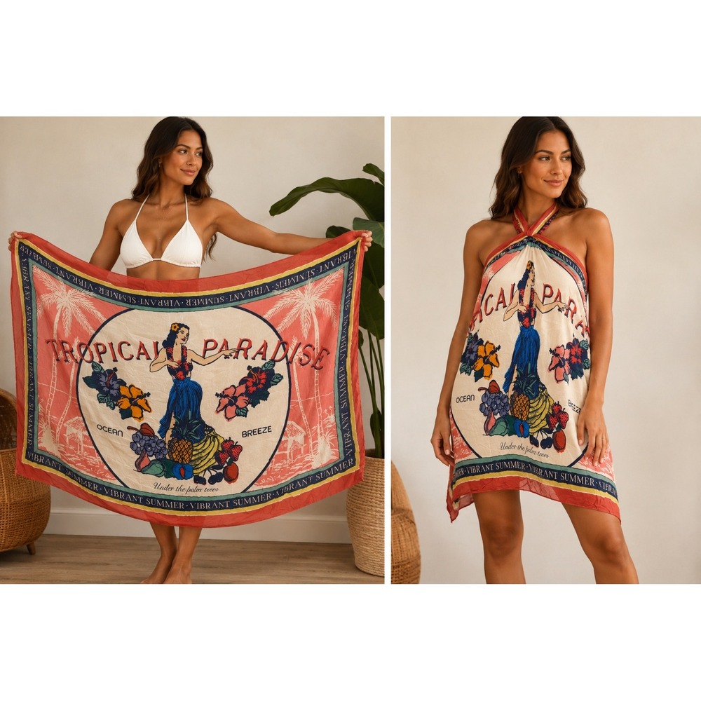 Vintage Scarf Womens OS Orange Tropical‎ Paradise Hula Girl Hawaiian Gauze Wrap